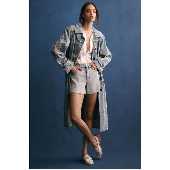 Avec Les Filles NWT Floral Printed Denim Trench Coat in Light Wash Size S - Picture 1 of 14